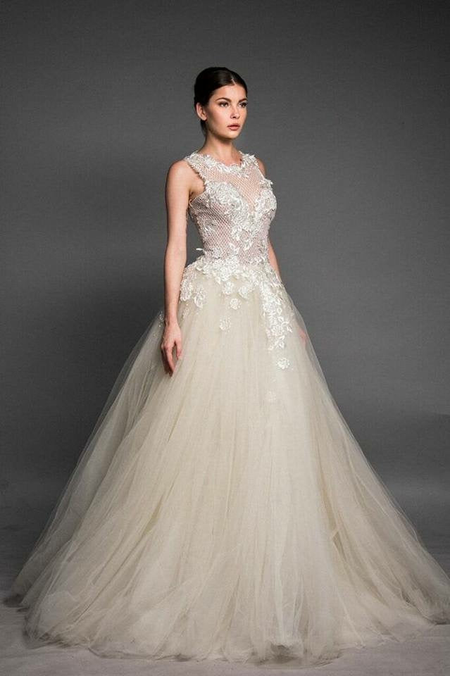 SHIRRED TULLE, LACE EMBROIDERED BALL DRESS